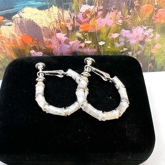 Napier Silver Bamboo Hoop CLIP Earrings - Picture 1 of 4